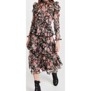 OPT Anthropologie Martha Tiered Floral Print Long Puff Sleeve Midi Dress L NWT